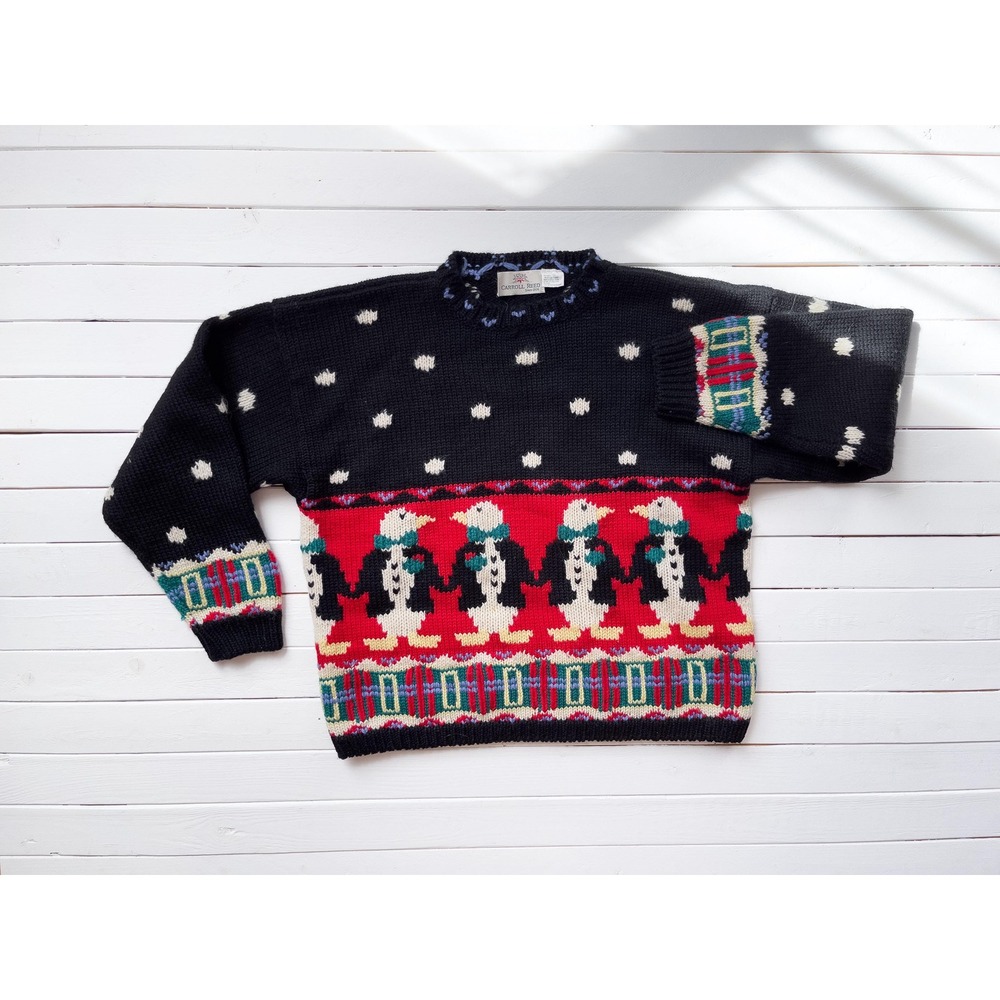 vtg Carroll‎ Reed wool penguin Christmas hand knit sweater